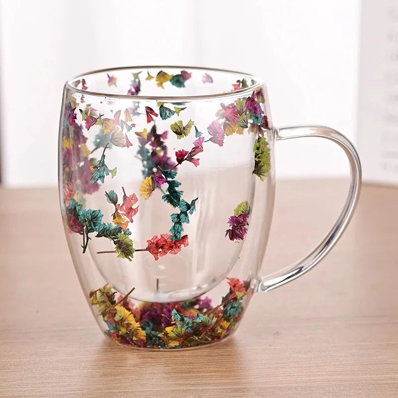 350ml künstliches Blumenmuster wärme isolierte Treibsand-Wasser tasse doppelwandige Glaska ffee tasse wieder verwendbare Hand wasch glaswaren