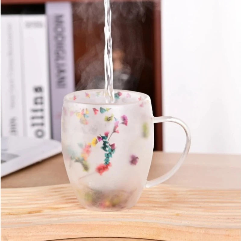 350ml künstliches Blumenmuster wärme isolierte Treibsand-Wasser tasse doppelwandige Glaska ffee tasse wieder verwendbare Hand wasch glaswaren