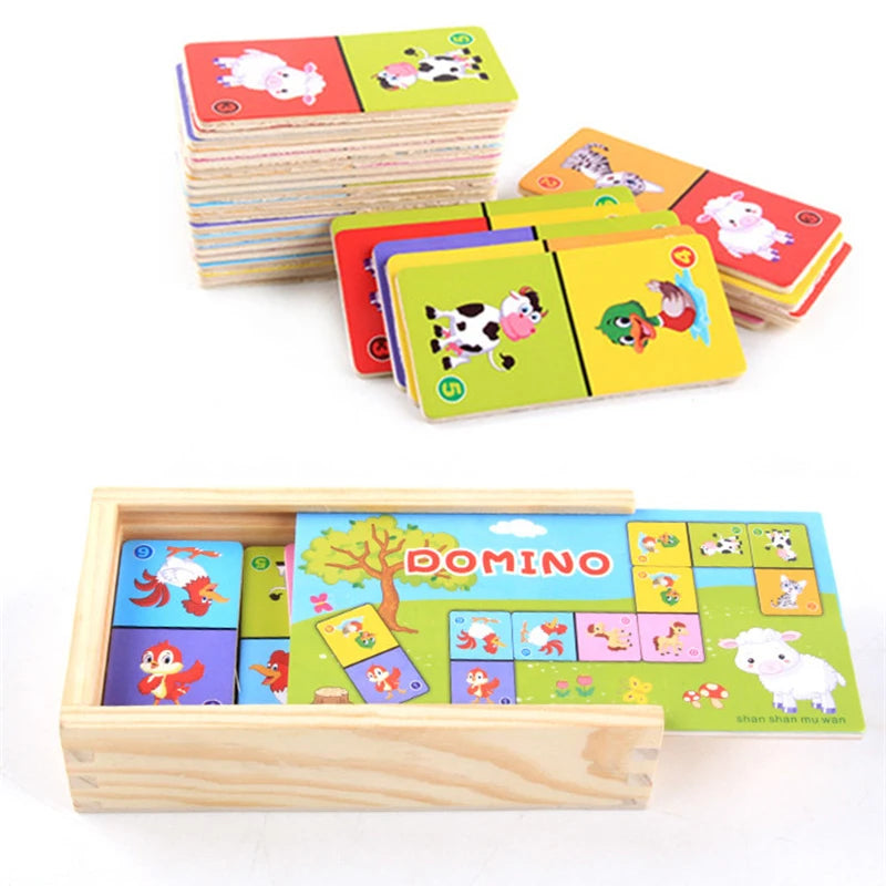 Montessori Holz Domino Bausteine Set Frühe Pädagogisches Spielzeug Kinder Kognitiven Tier Solitaire Dominosteine Puzzle Spielzeug Kinder