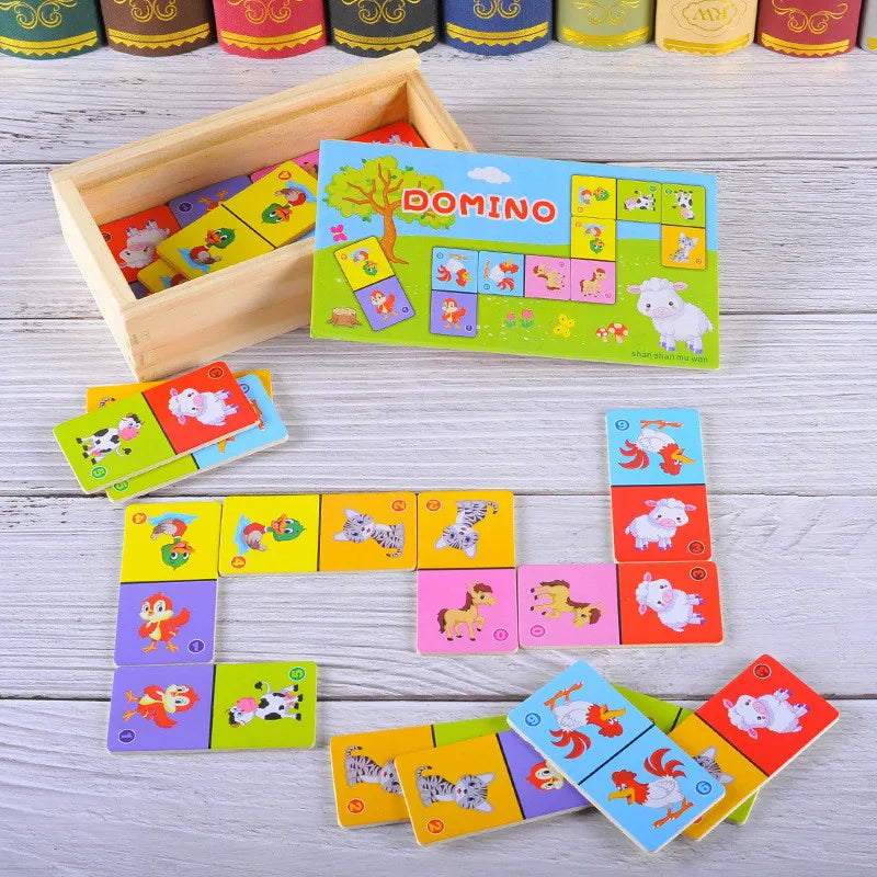 Montessori Holz Domino Bausteine Set Frühe Pädagogisches Spielzeug Kinder Kognitiven Tier Solitaire Dominosteine Puzzle Spielzeug Kinder