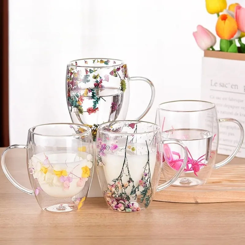 350ml künstliches Blumenmuster wärme isolierte Treibsand-Wasser tasse doppelwandige Glaska ffee tasse wieder verwendbare Hand wasch glaswaren