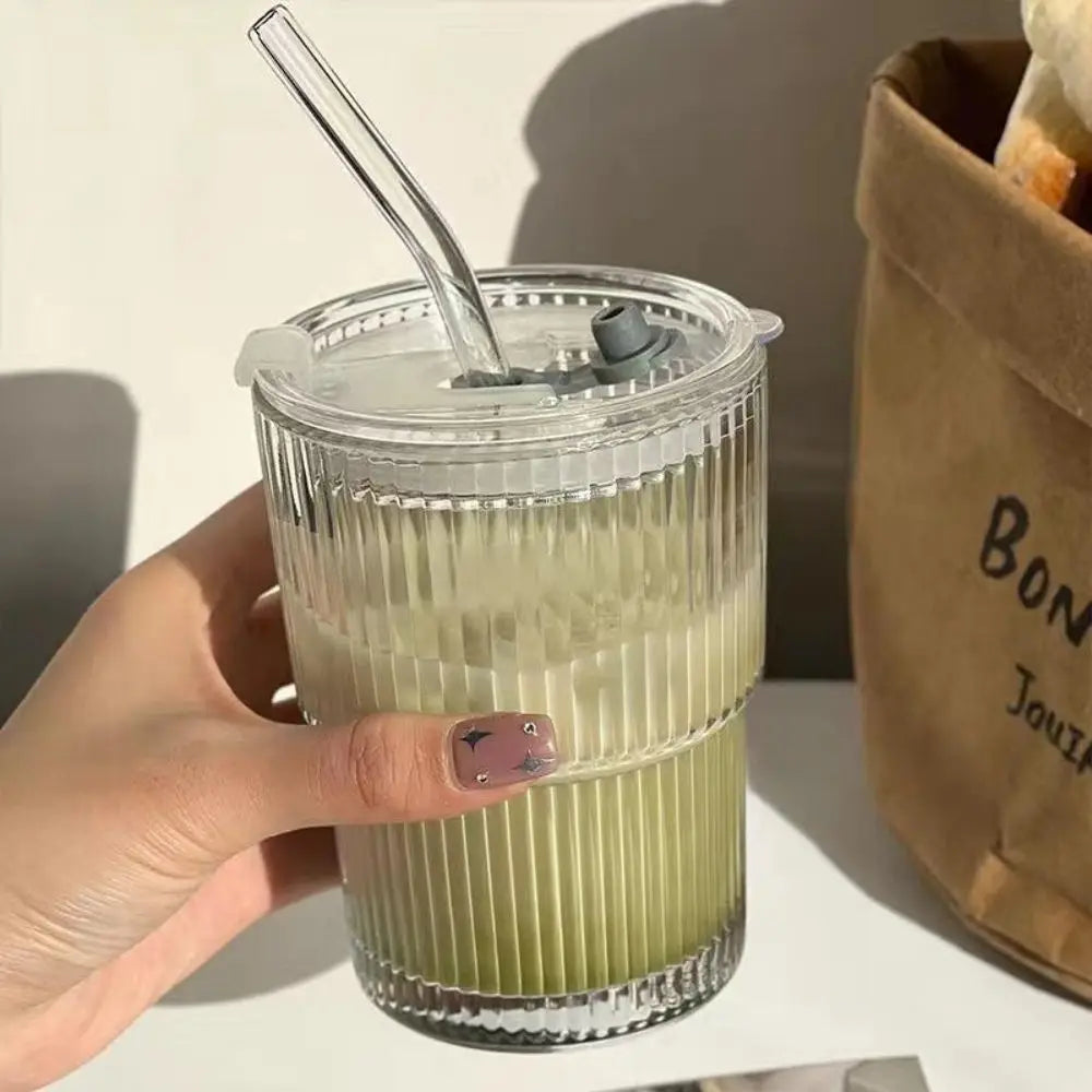 Gestreifte Glas kaffeetasse mit Deckel und Stroh becher Haushalt hochwertige amerikanische Latte Milch Trinkbecher