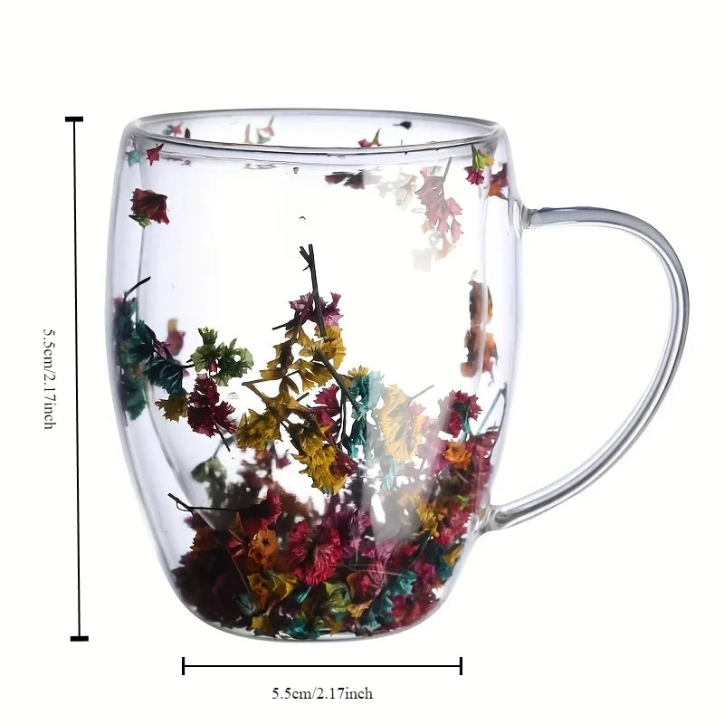 350ml künstliches Blumenmuster wärme isolierte Treibsand-Wasser tasse doppelwandige Glaska ffee tasse wieder verwendbare Hand wasch glaswaren