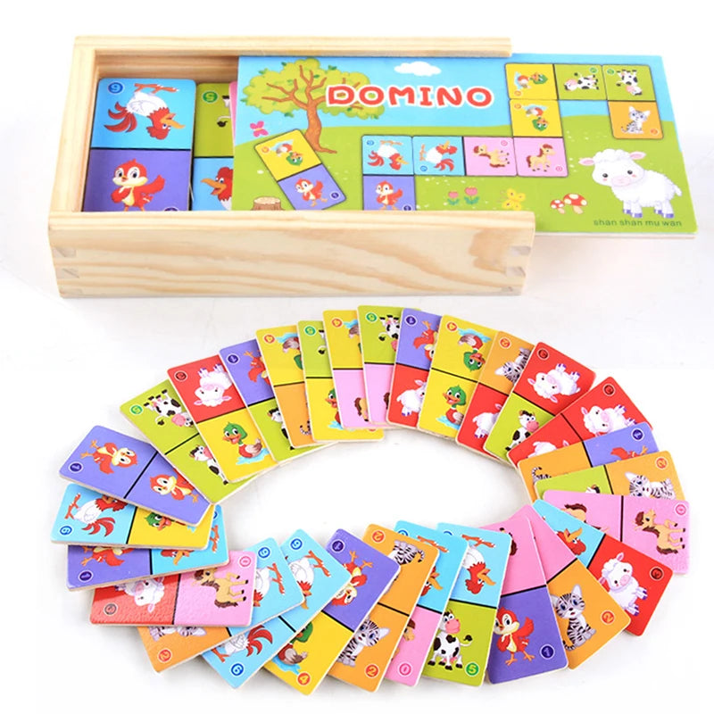 Montessori Holz Domino Bausteine Set Frühe Pädagogisches Spielzeug Kinder Kognitiven Tier Solitaire Dominosteine Puzzle Spielzeug Kinder