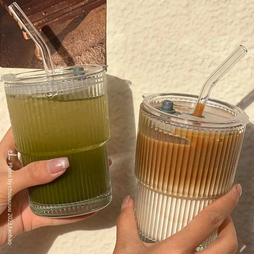 Gestreifte Glas kaffeetasse mit Deckel und Stroh becher Haushalt hochwertige amerikanische Latte Milch Trinkbecher