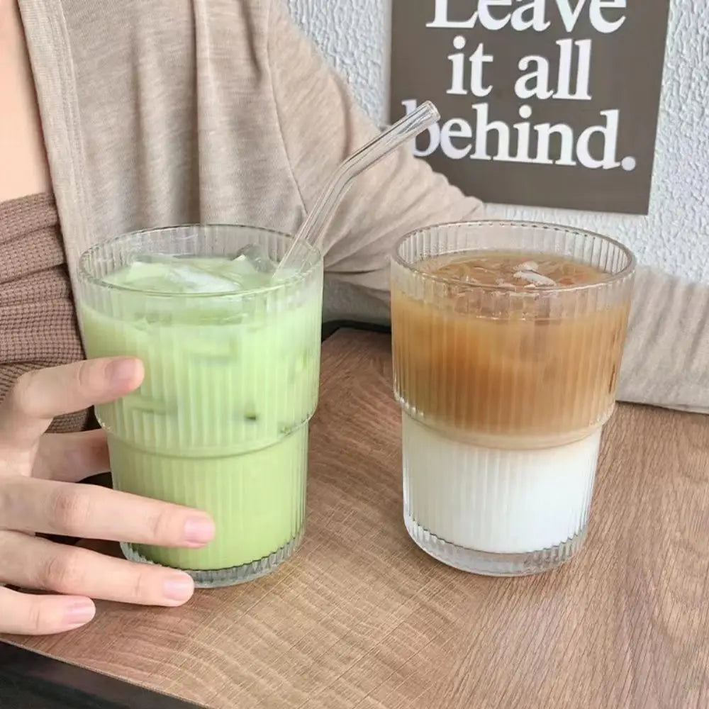 Gestreifte Glas kaffeetasse mit Deckel und Stroh becher Haushalt hochwertige amerikanische Latte Milch Trinkbecher