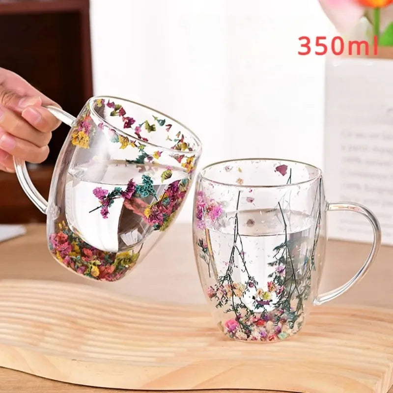 350ml künstliches Blumenmuster wärme isolierte Treibsand-Wasser tasse doppelwandige Glaska ffee tasse wieder verwendbare Hand wasch glaswaren