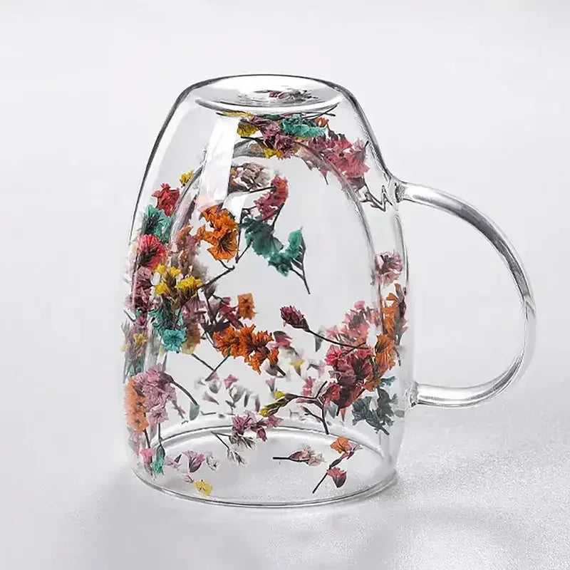 350ml künstliches Blumenmuster wärme isolierte Treibsand-Wasser tasse doppelwandige Glaska ffee tasse wieder verwendbare Hand wasch glaswaren