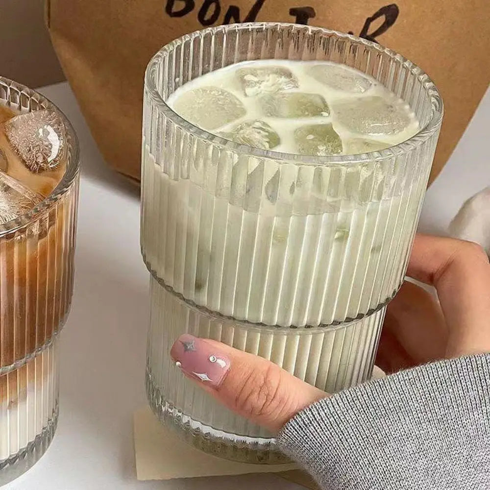 Gestreifte Glas kaffeetasse mit Deckel und Stroh becher Haushalt hochwertige amerikanische Latte Milch Trinkbecher